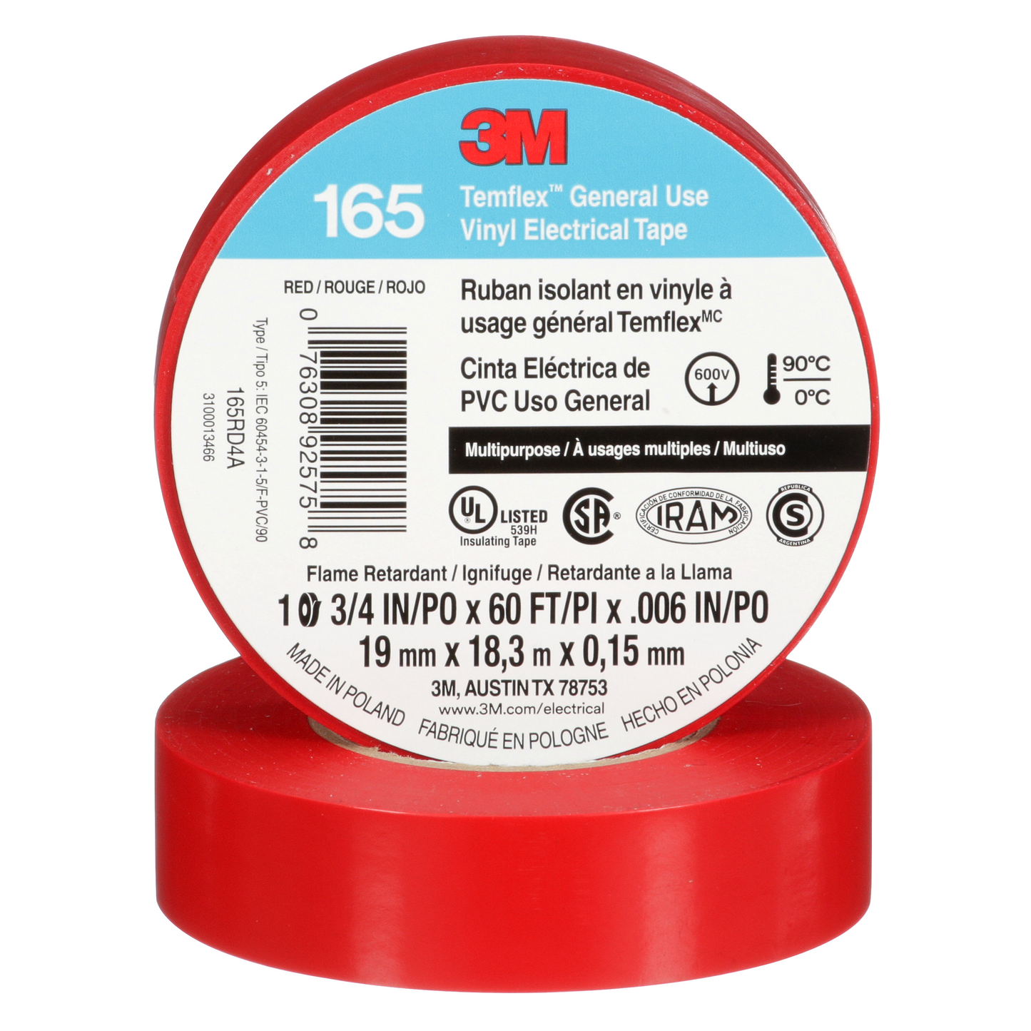 TAPE TEMFLEX 165 3/4" X 60 FT ROJO