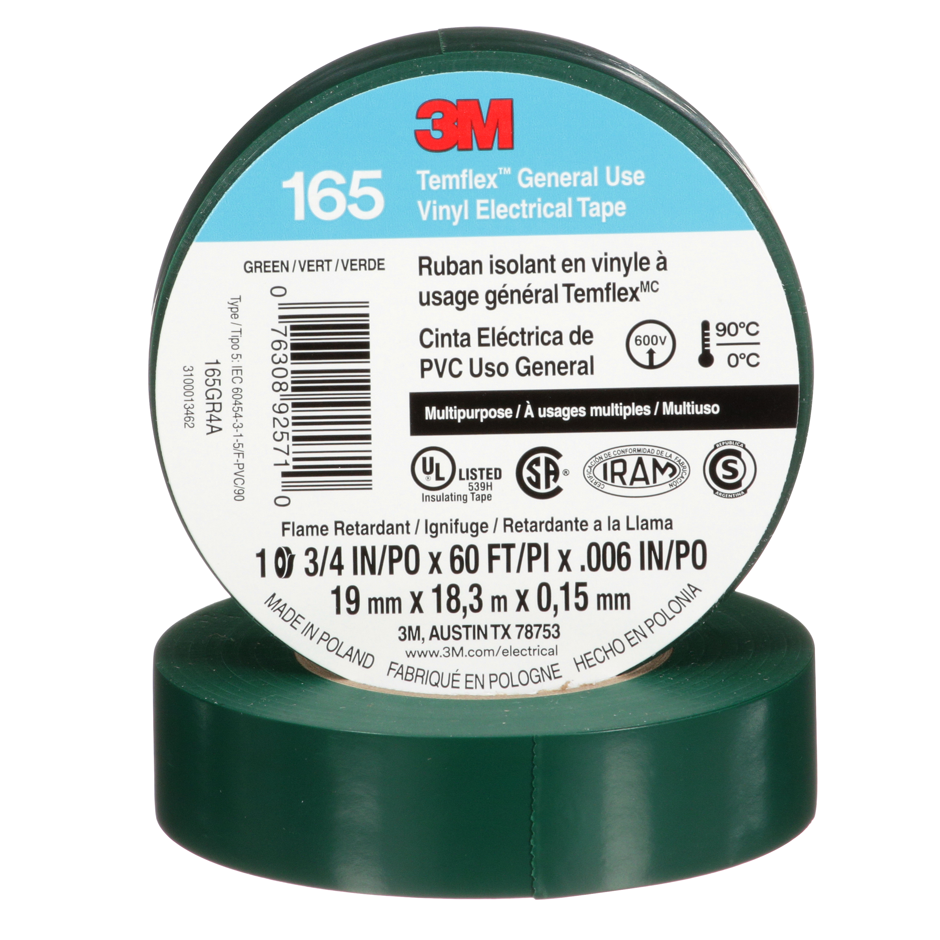 TAPE TEMFLEX 165 3/4" X 60 FT VERDE