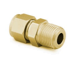 FITTING, TUBE AND ADAPTER, BRASS MATERIAL, 3/8-INCH TUBE TO 1/4-INCH MALE NPT.