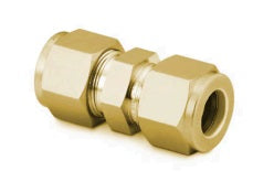 TUBE FITTING, BRASS, UNION, FRACTIONAL TUBE TO FRACTIONAL TUBE, SIZE 3/8 INCH TUBE.