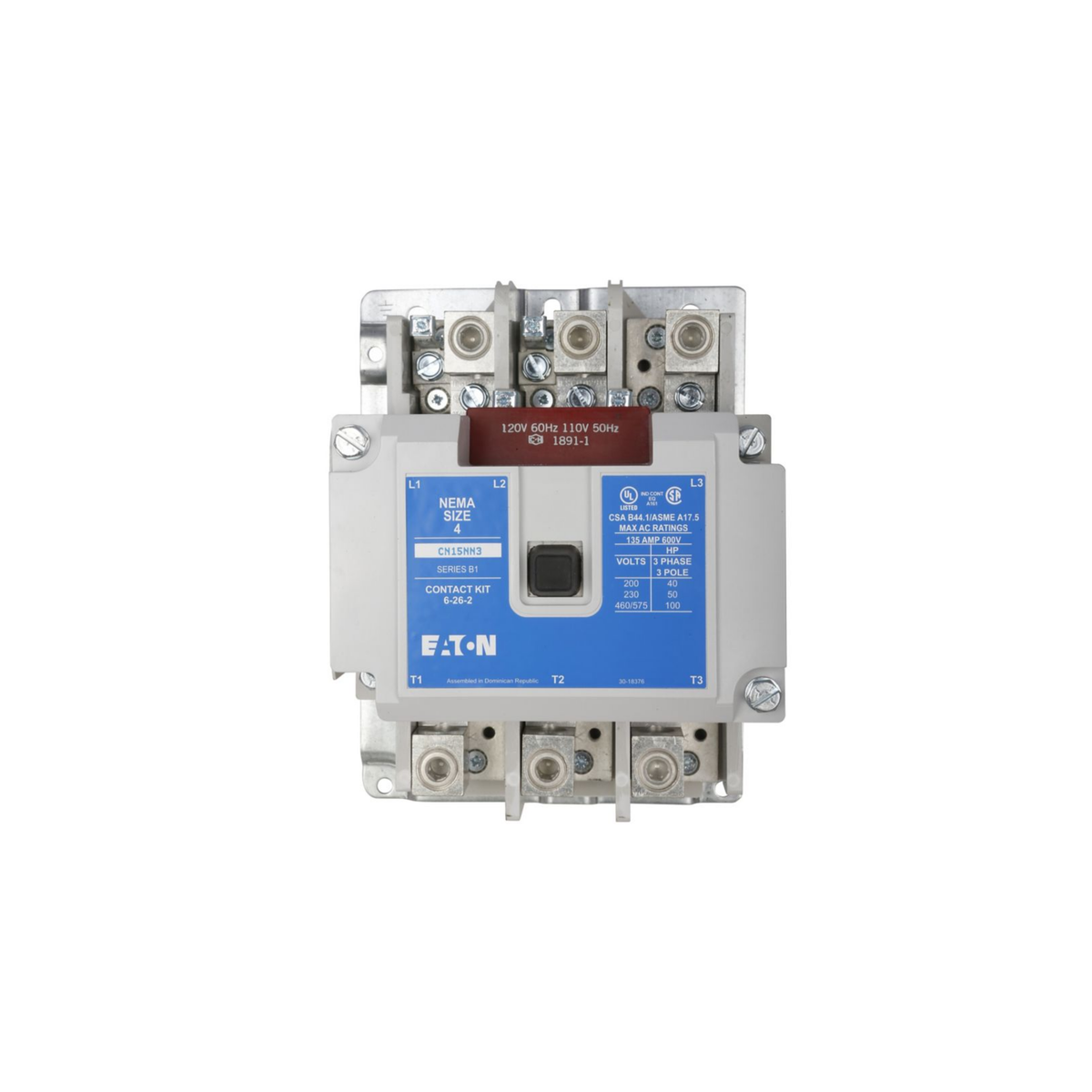 CONTACTOR MAGNETICO NEMA, SIN GABINETE, TIPO ABIERTO, NO REVERSIBLE, TAMAÑO NEMA 4, 135 A, BOBINA 120 VAC