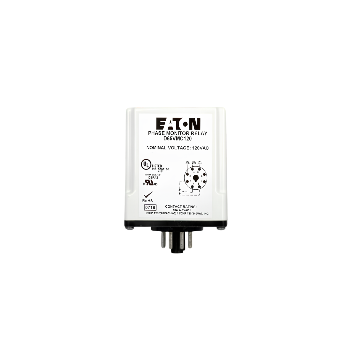 D65 Series Monitoring Relays, 480 Vac, Plug-in octal mounting, Full featured voltage/phase monitor, 240-480V. Product specifications.