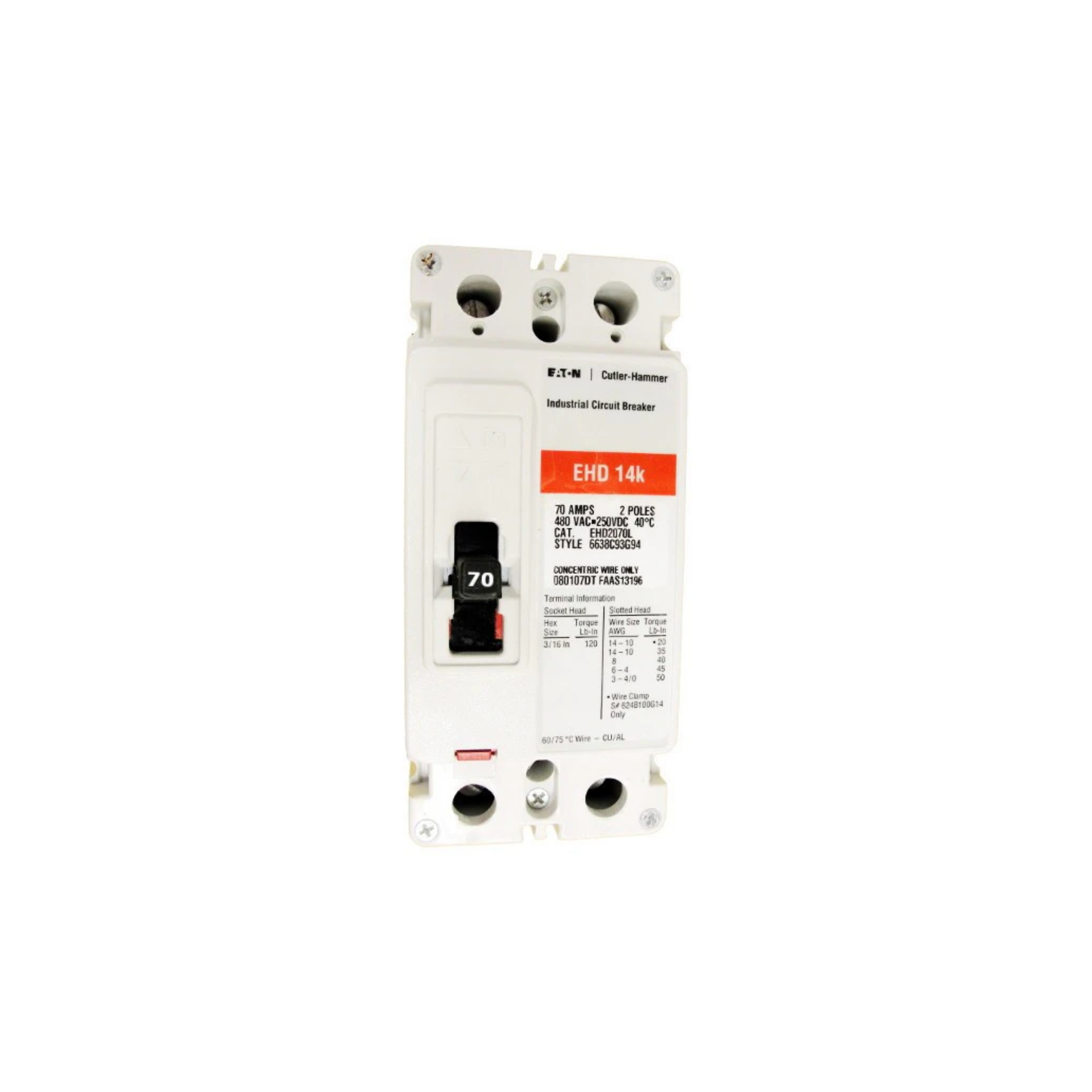 Breaker tipo EHD, Atornillable, 70A, 2P, 25KAIC 208V, 14KAIC 480V .