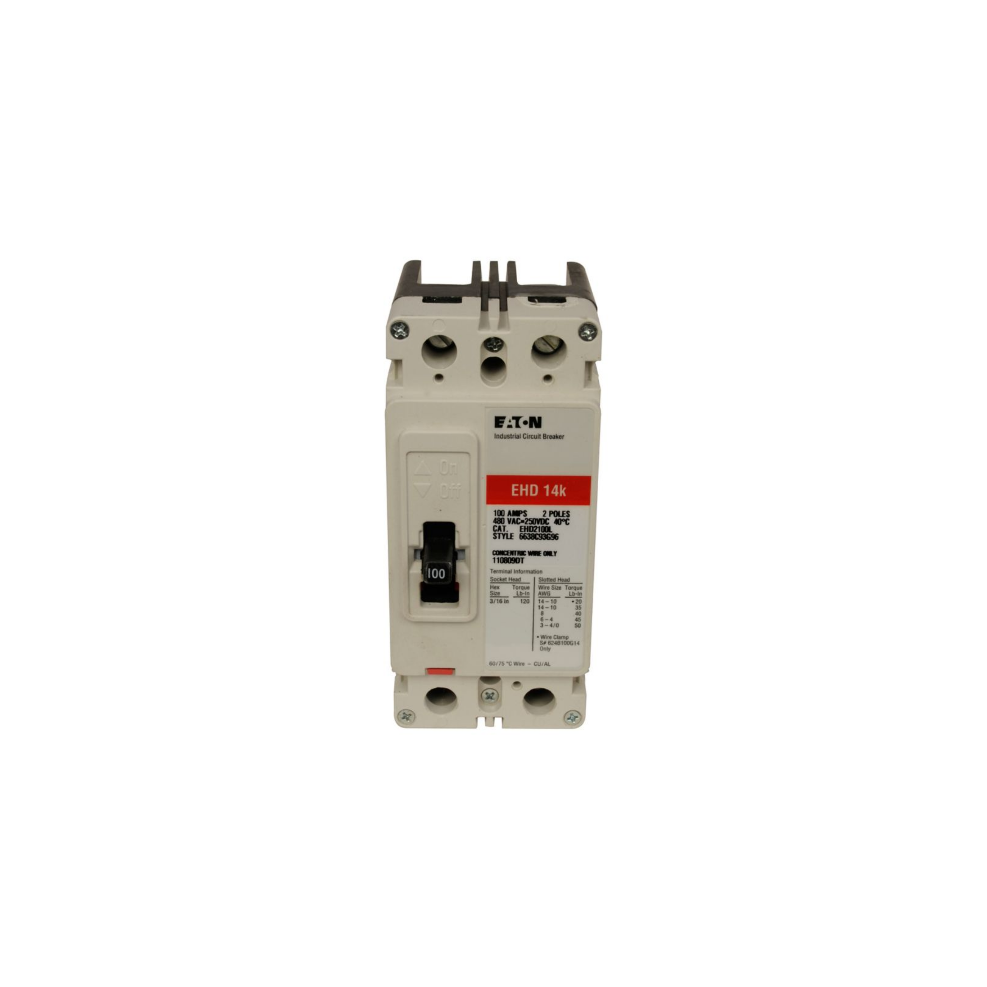 Breaker tipo EHD, Atornillable, 100A, 2P, 25KAIC 208V, 14KAIC 480V .