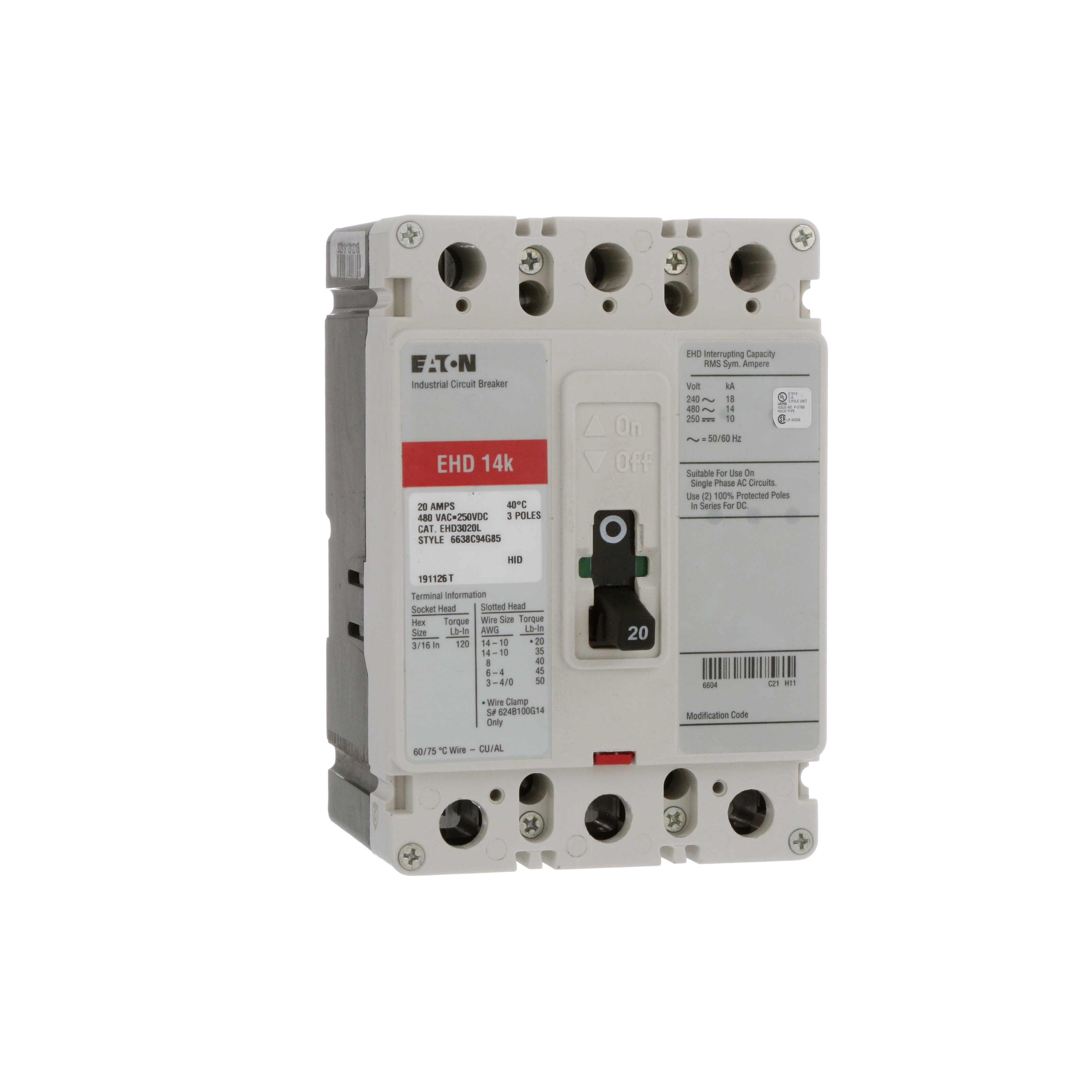 Breaker tipo EHD, Atornillable,20A, 3P, 25KAIC 208V, 14KAIC 480V .