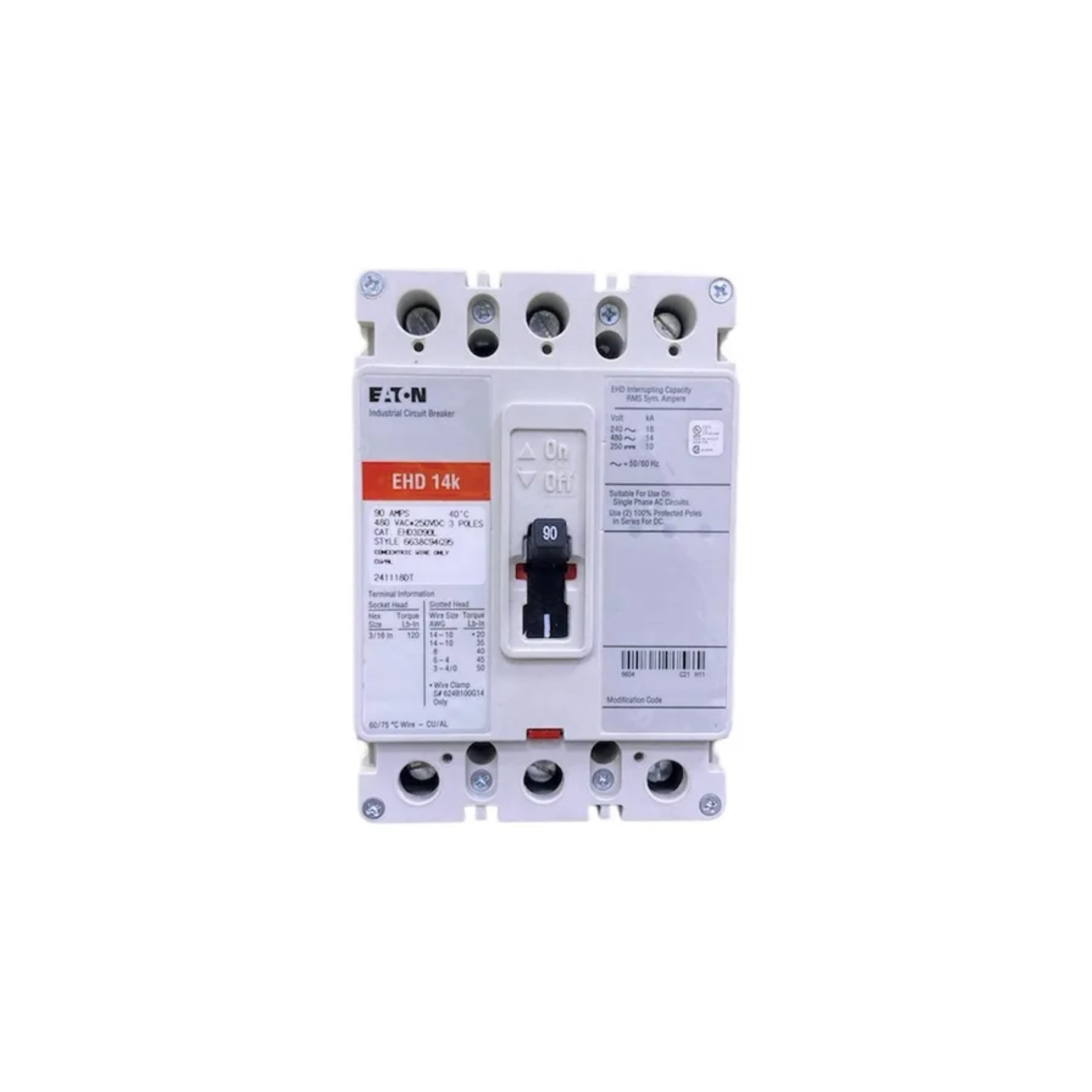 Breaker tipo EHD, Atornillable, 90A, 3P, 25KAIC 208V, 14KAIC 480V .