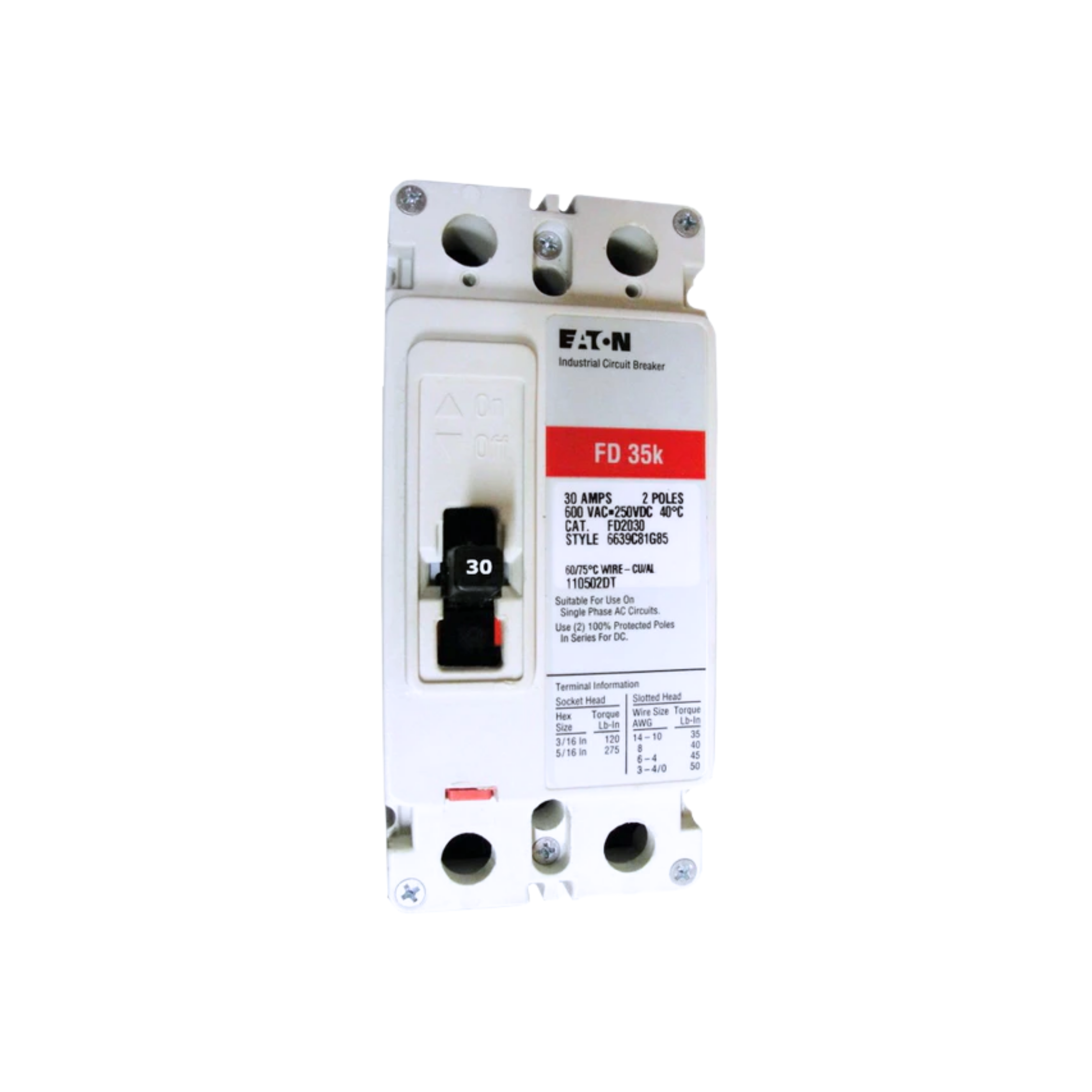 Breaker tipo FD, Atornillable,30A, 2P, 65KAIC 208V, 35KAIC 480V, 18KAIC 600V.