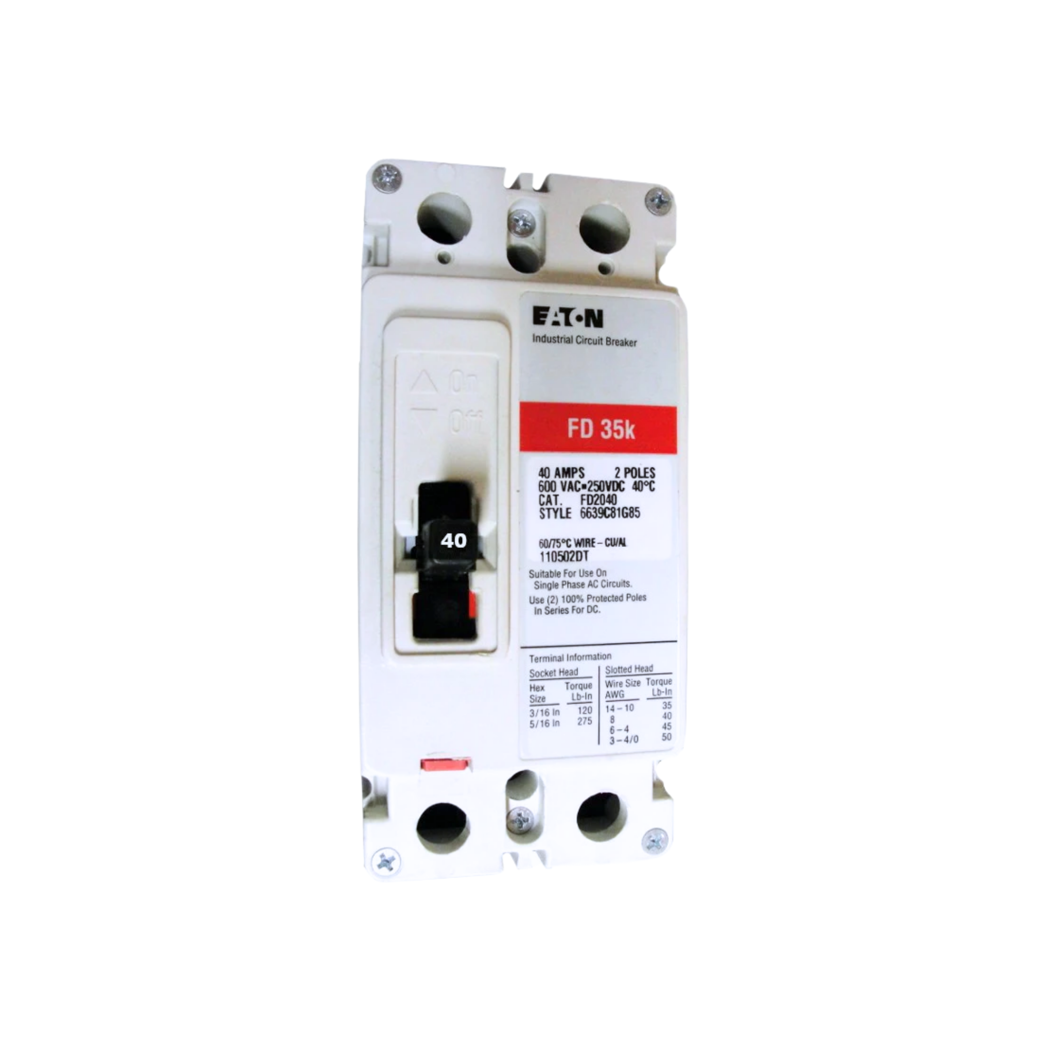Breaker tipo FD, Atornillable, 40A, 2P, 65KAIC 208V, 35KAIC 480V, 18KAIC 600V .