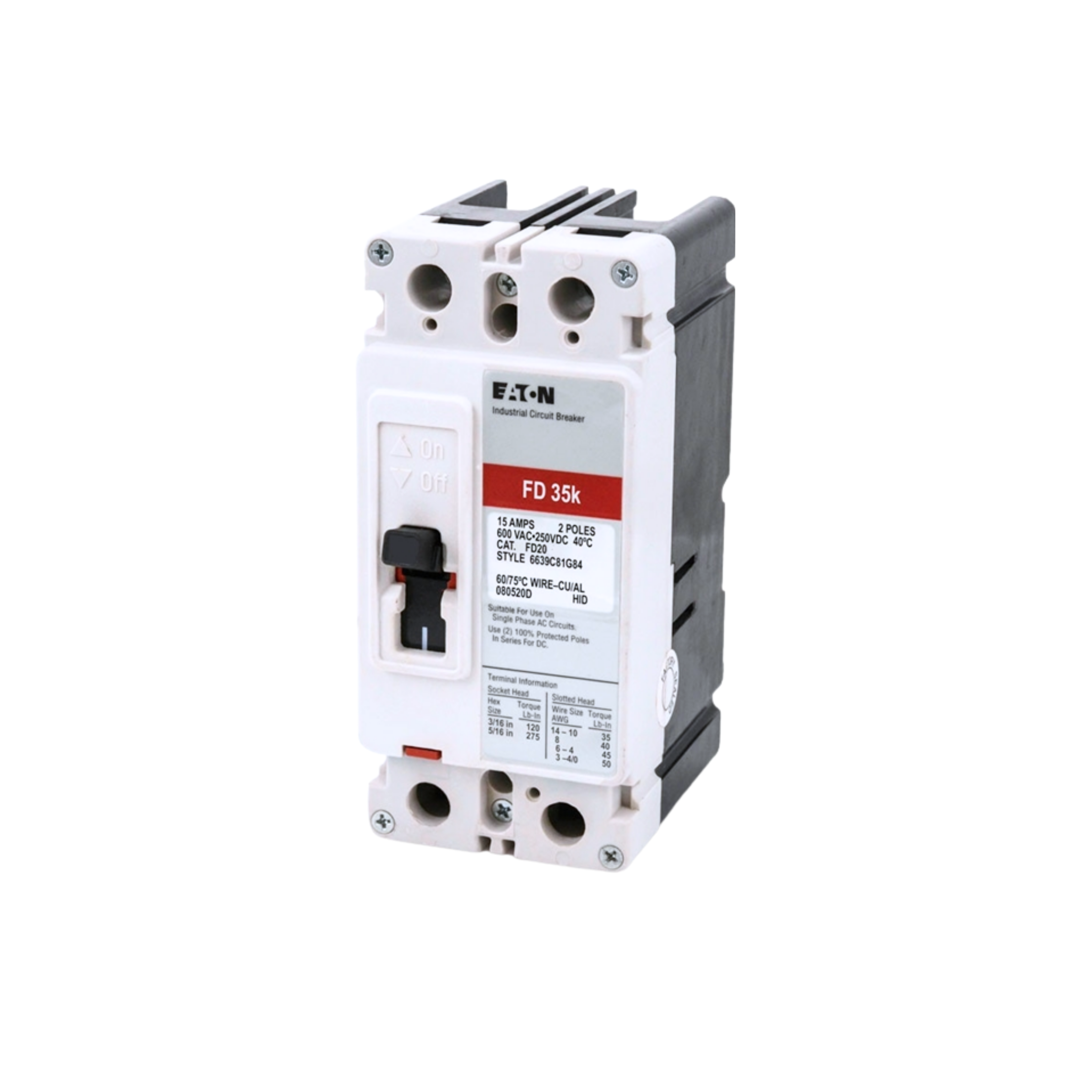Breaker tipo FD, Atornillable, 60A, 2P, 65KAIC 208V, 35KAIC 480V, 18KAIC 600V.