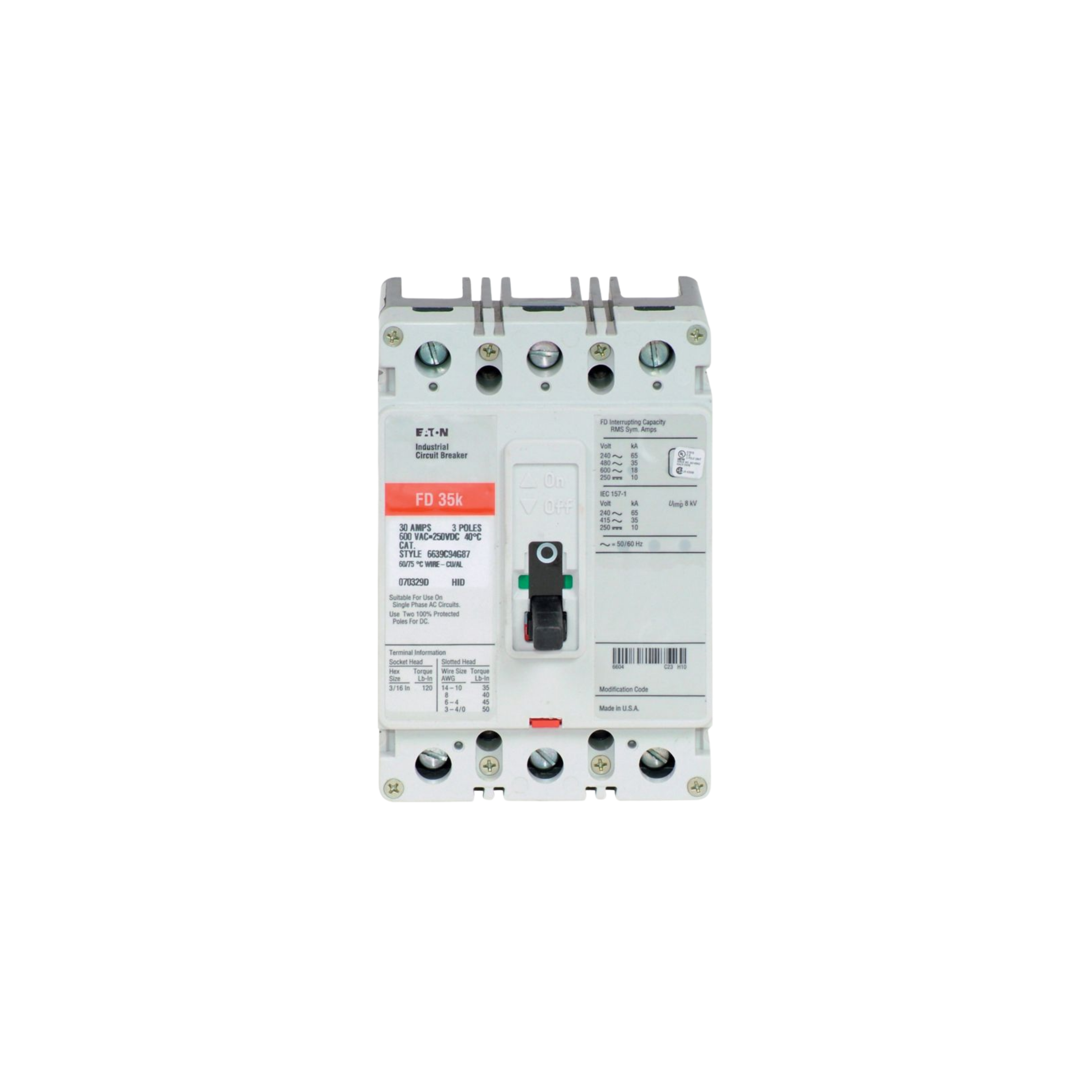 Breaker tipo FD, Atornillable, 50A, 3P, 65KAIC 208V, 35KAIC 480V, 18KAIC 600V