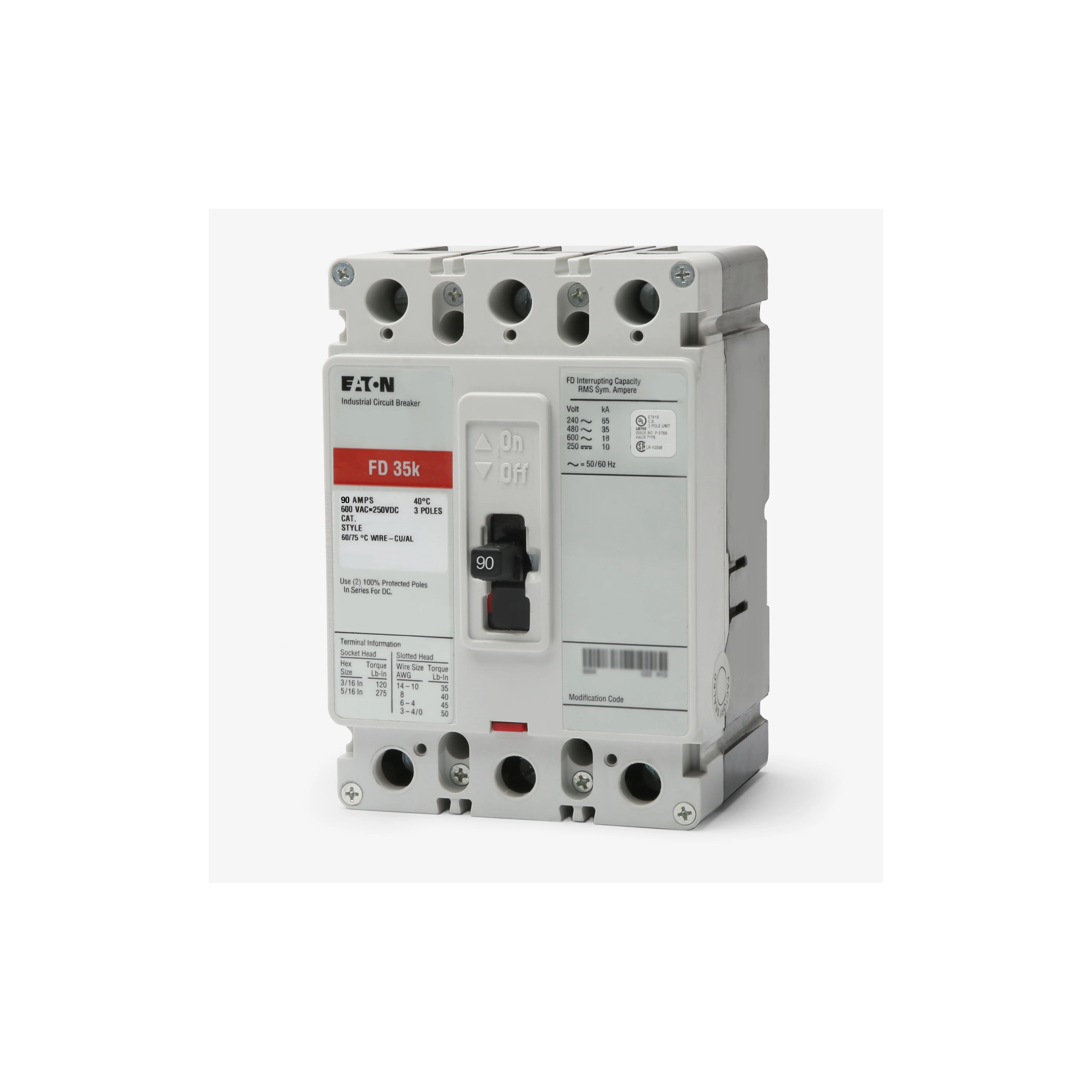 Breaker tipo FD, Atornillable, 90A, 3P, 65KAIC 208V, 35KAIC 480V, 18KAIC 600V.
