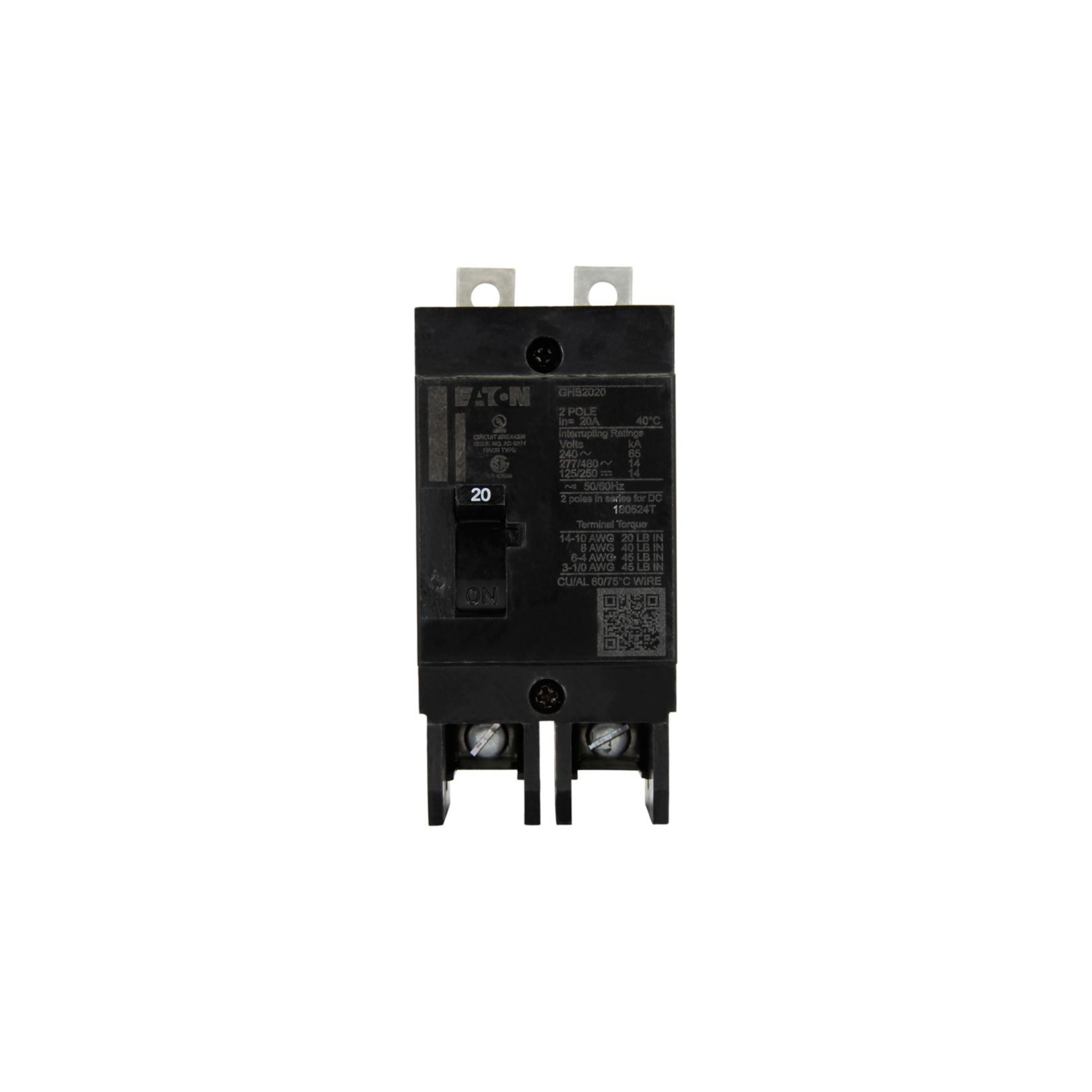Breaker tipo GHB, Atornillable,20A, 2P, 65KAIC 208V, 14KAIC 480V .