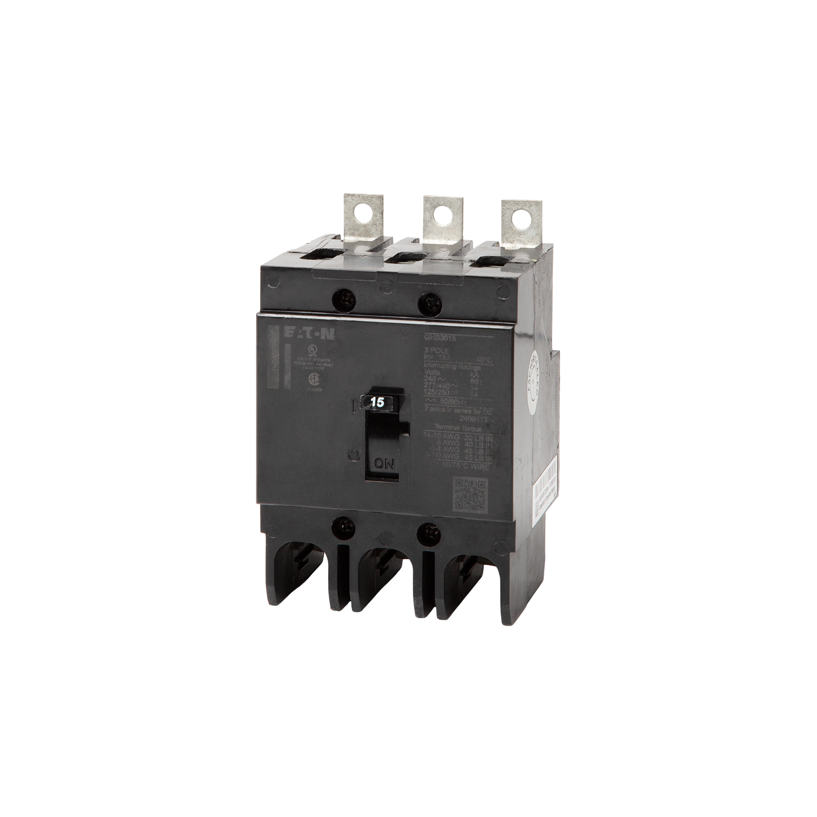 Breaker tipo GHB, Atornillable,15A, 3P, 65KAIC 208V, 14KAIC 480V .