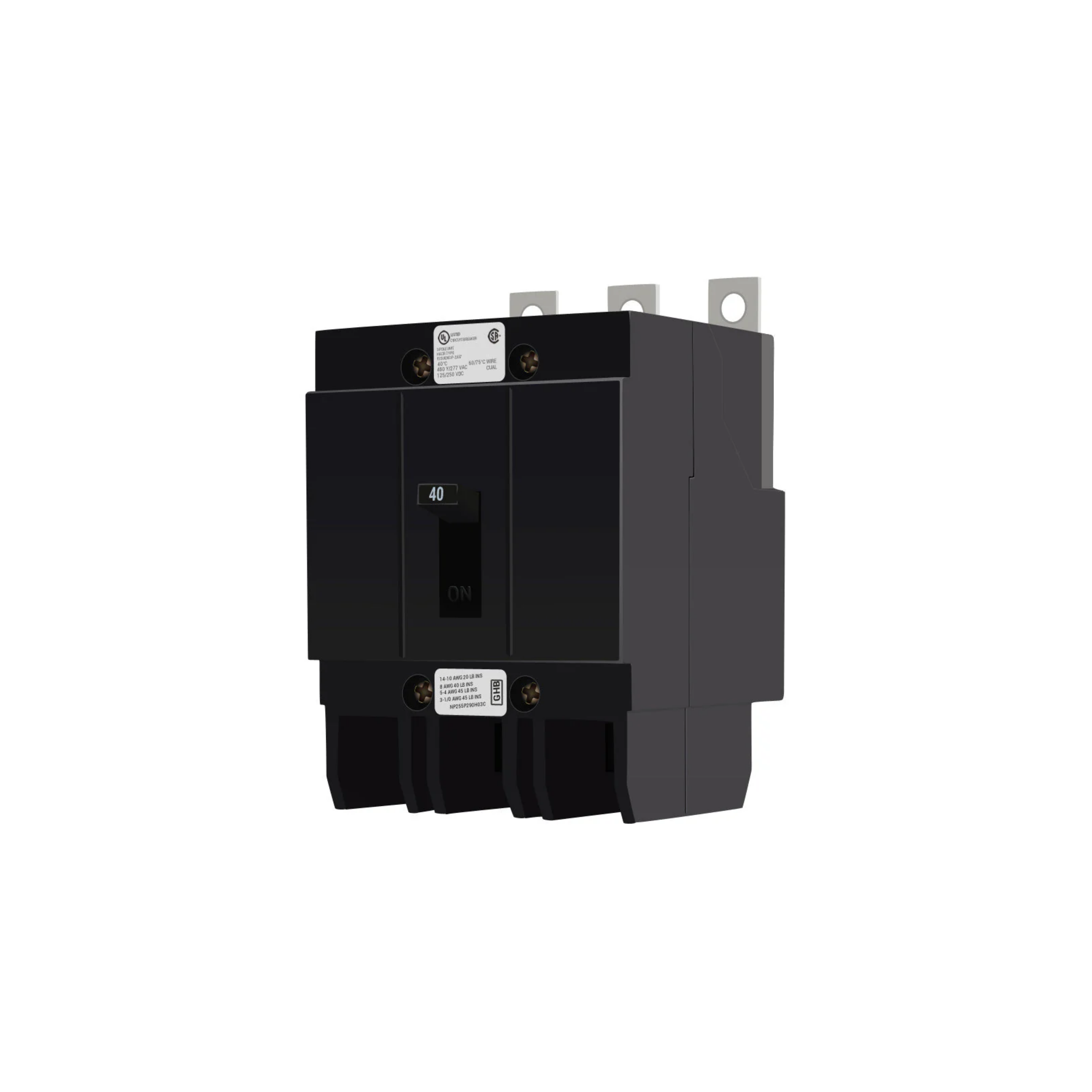 Breaker tipo GHB, Atornillable, 40A, 3P, 65KAIC 208V, 14KAIC 480V .