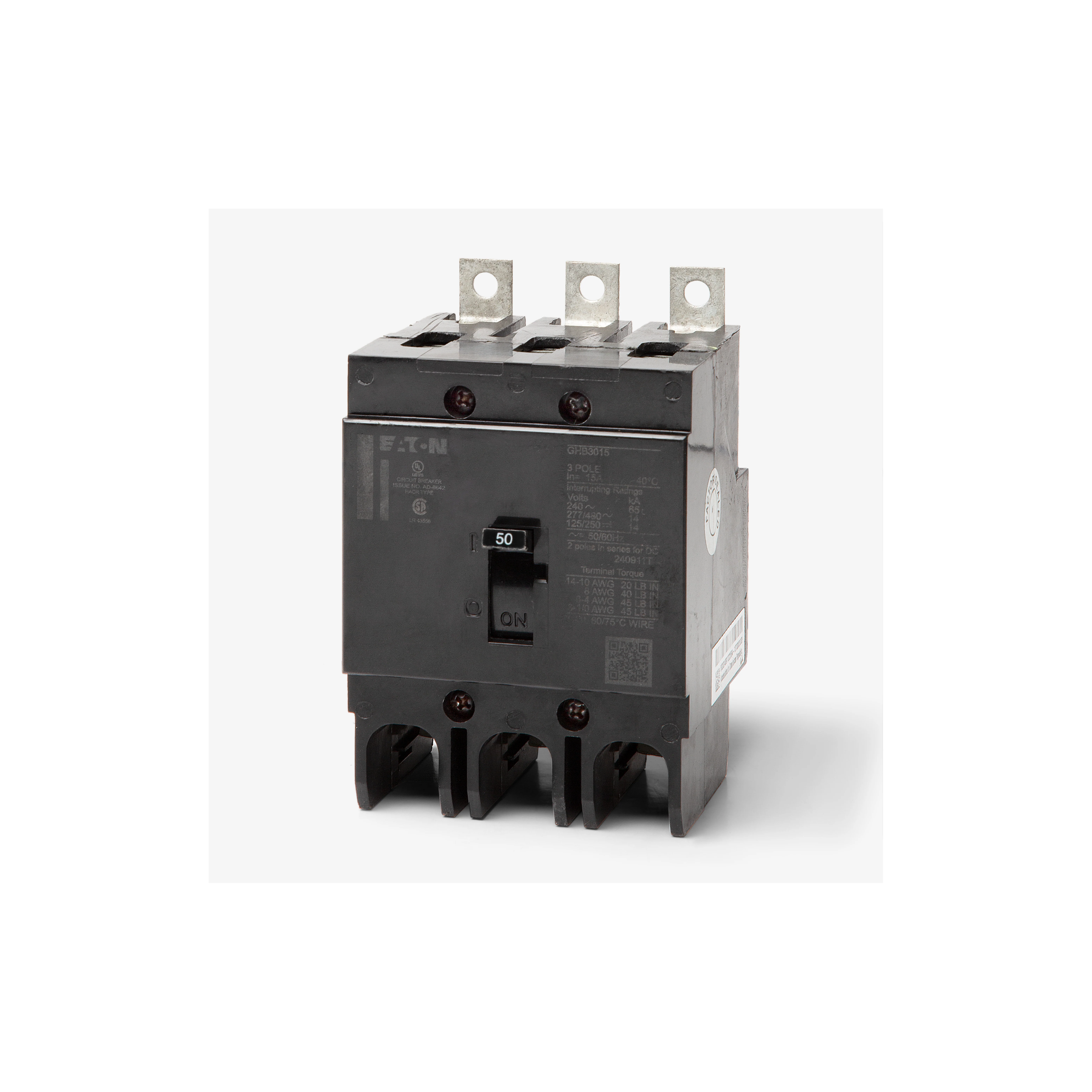 Breaker tipo GHB, Atornillable, 50A, 3P, 65KAIC 208V, 14KAIC 480V .