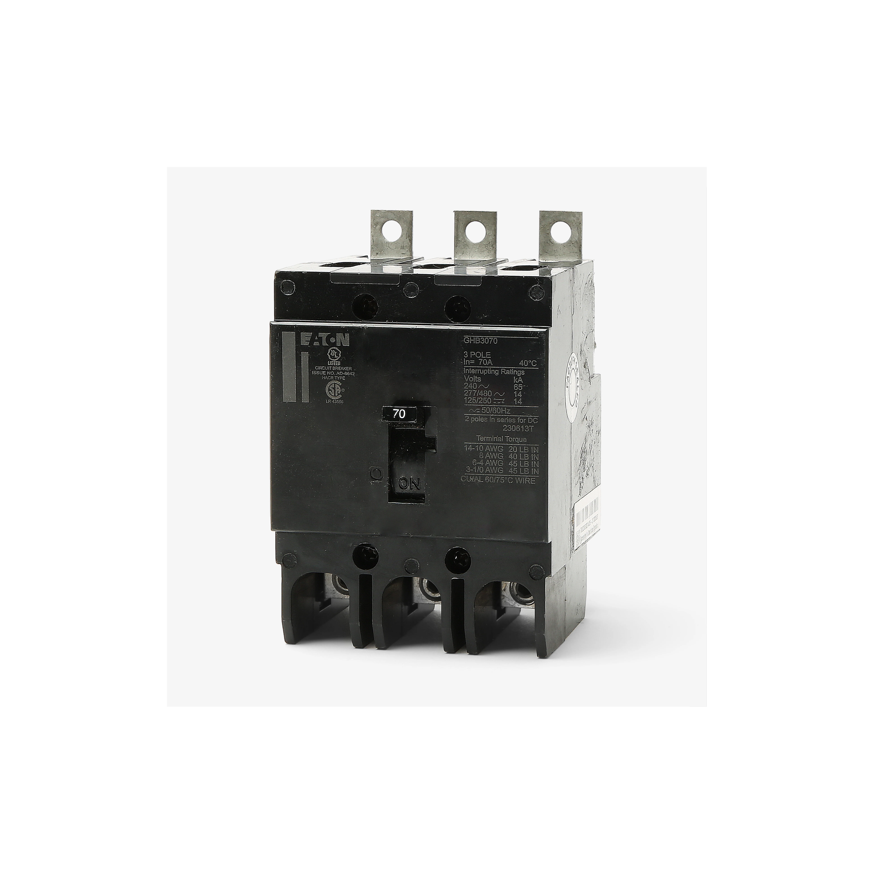 Breaker tipo GHB, Atornillable, 70A, 3P, 65KAIC 208V, 14KAIC 480V .