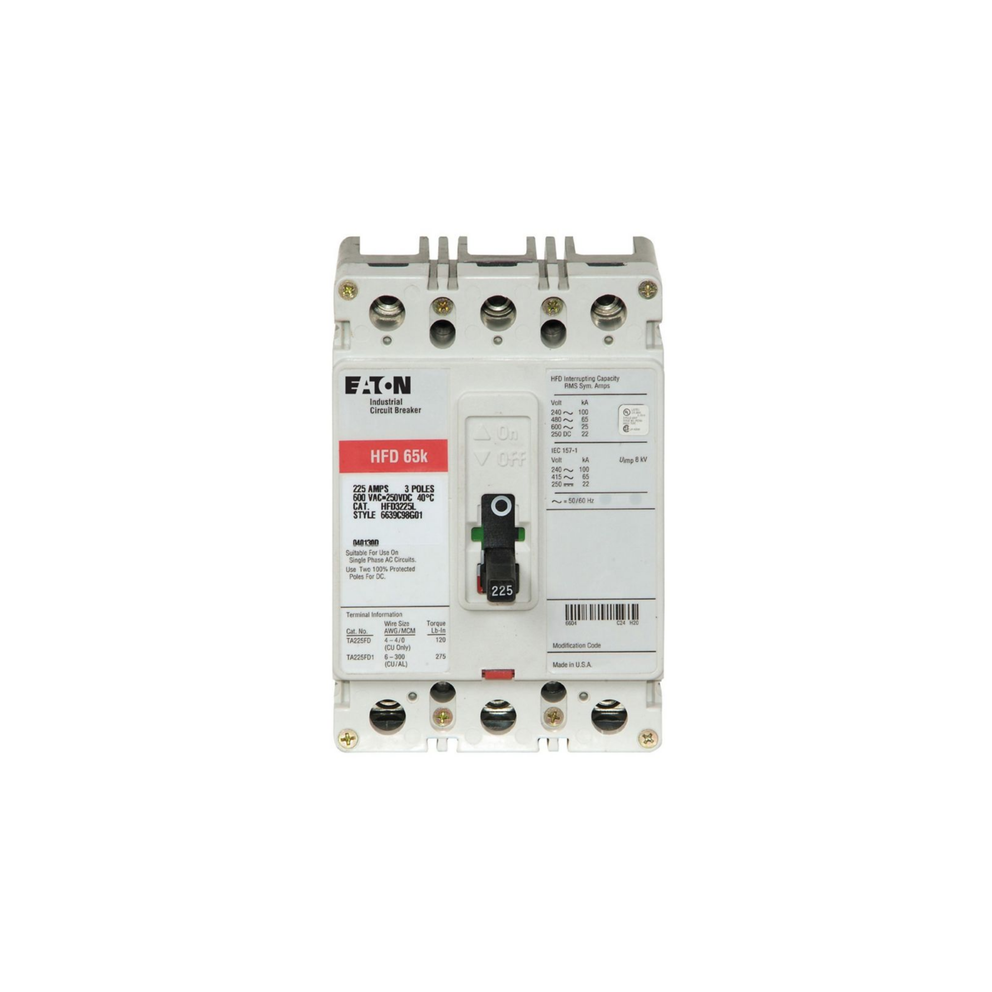 Breaker tipo HFD, Atornillable,225A, 3P, 100KAIC 208V, 65KAIC 480V, 25KAIC 600V .