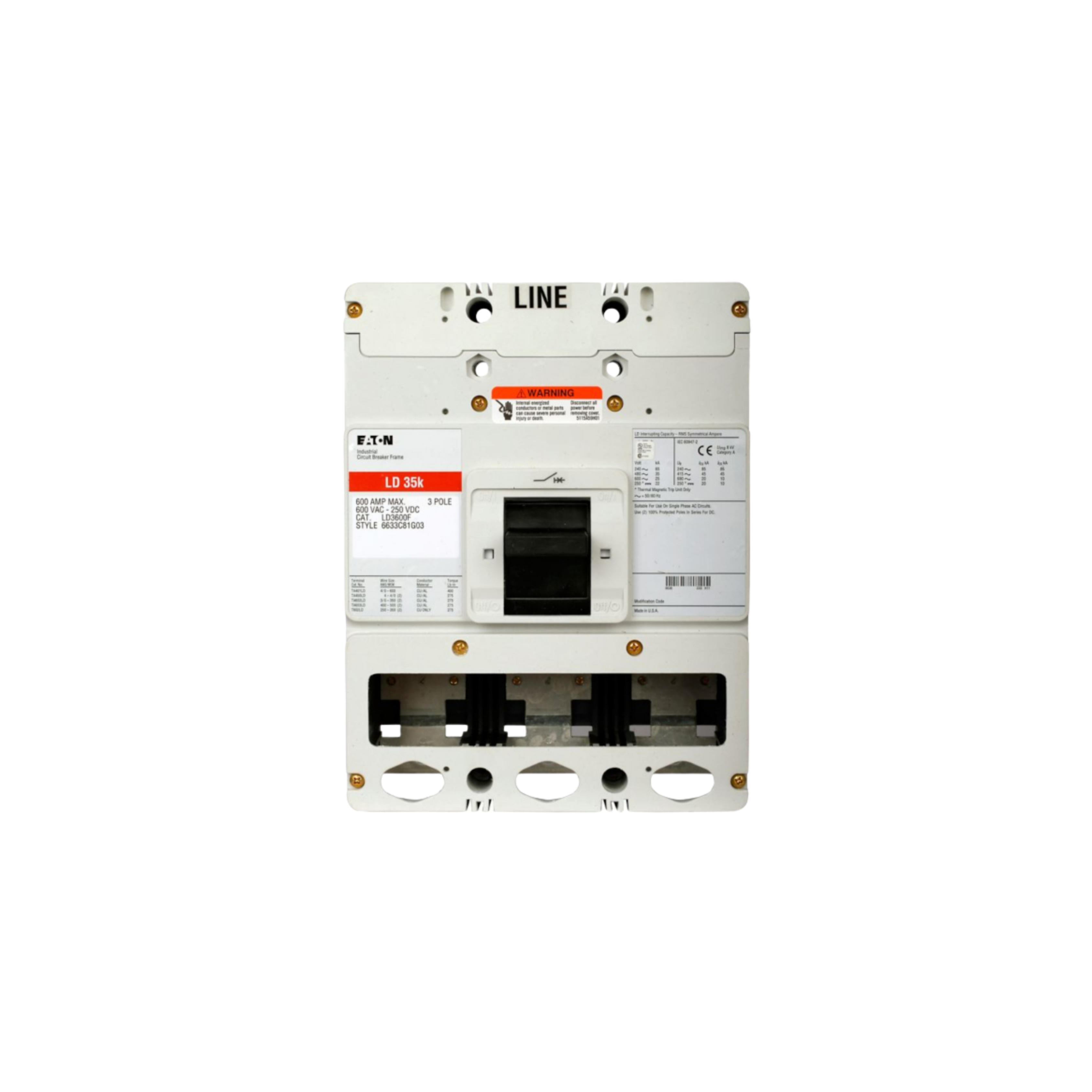 Breaker tipo HLD, Atornillable,600A, 3P, 100KAIC 208V, 65KAIC 480V, 35KAIC 600V.