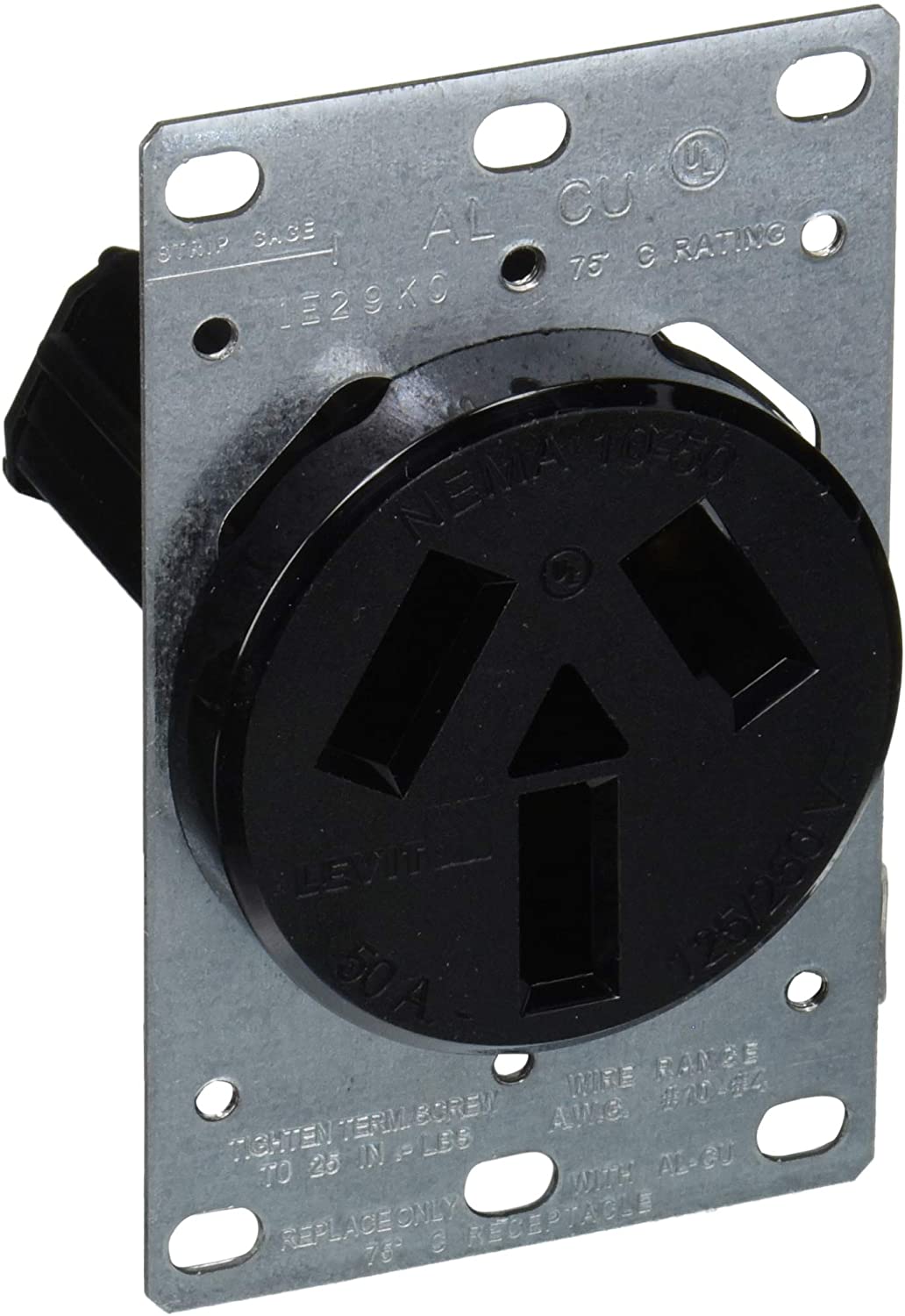 Tomacorriente de montaje empotrado, 50A 125/250V NEMA 10-50R 3P3H, grado industrial, negro