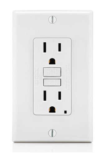 Tomacorrientes GFCI con luz indicadora LED, 15A 125V, alimentación continua de 20A, incluye tapa de nylon, clip de puesta a tierra automático, blanco