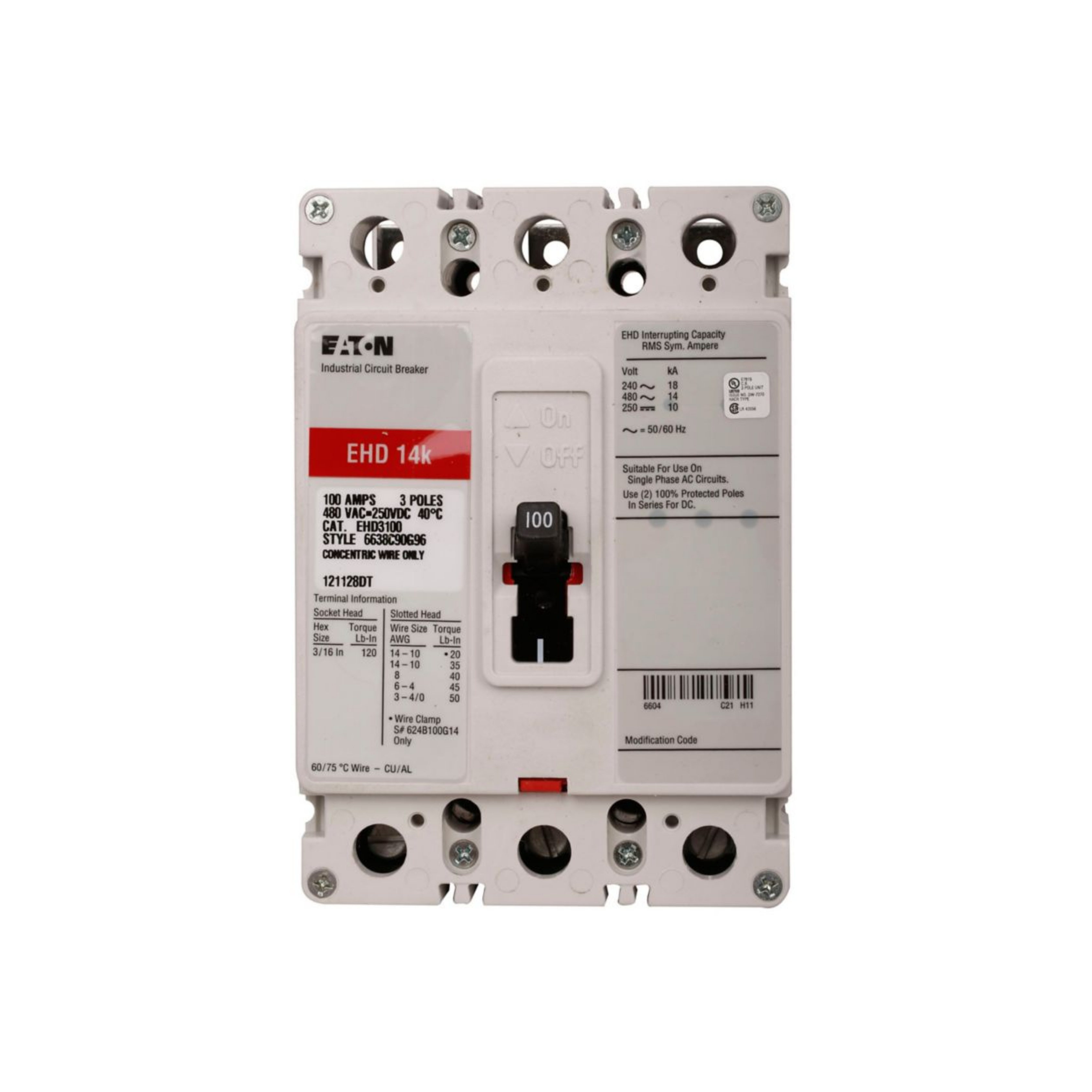 Breaker tipo EHD, Atornillable, 70A, 3P, 25KAIC  208V, 14KAIC  480V .