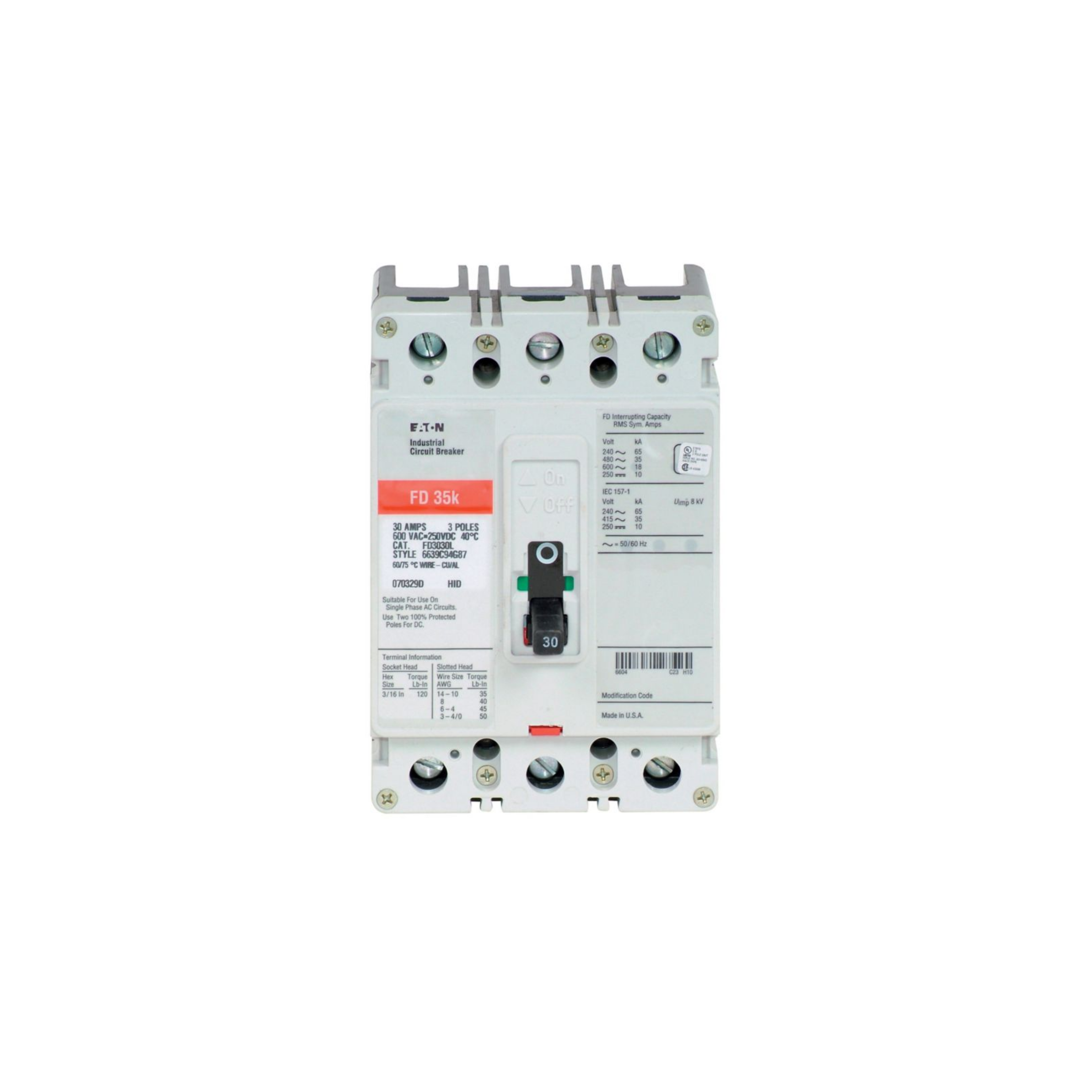 Breaker tipo FD, Atornillable,30A, 3P, 65KAIC  208V, 35KAIC  480V, 18KAIC  600V.