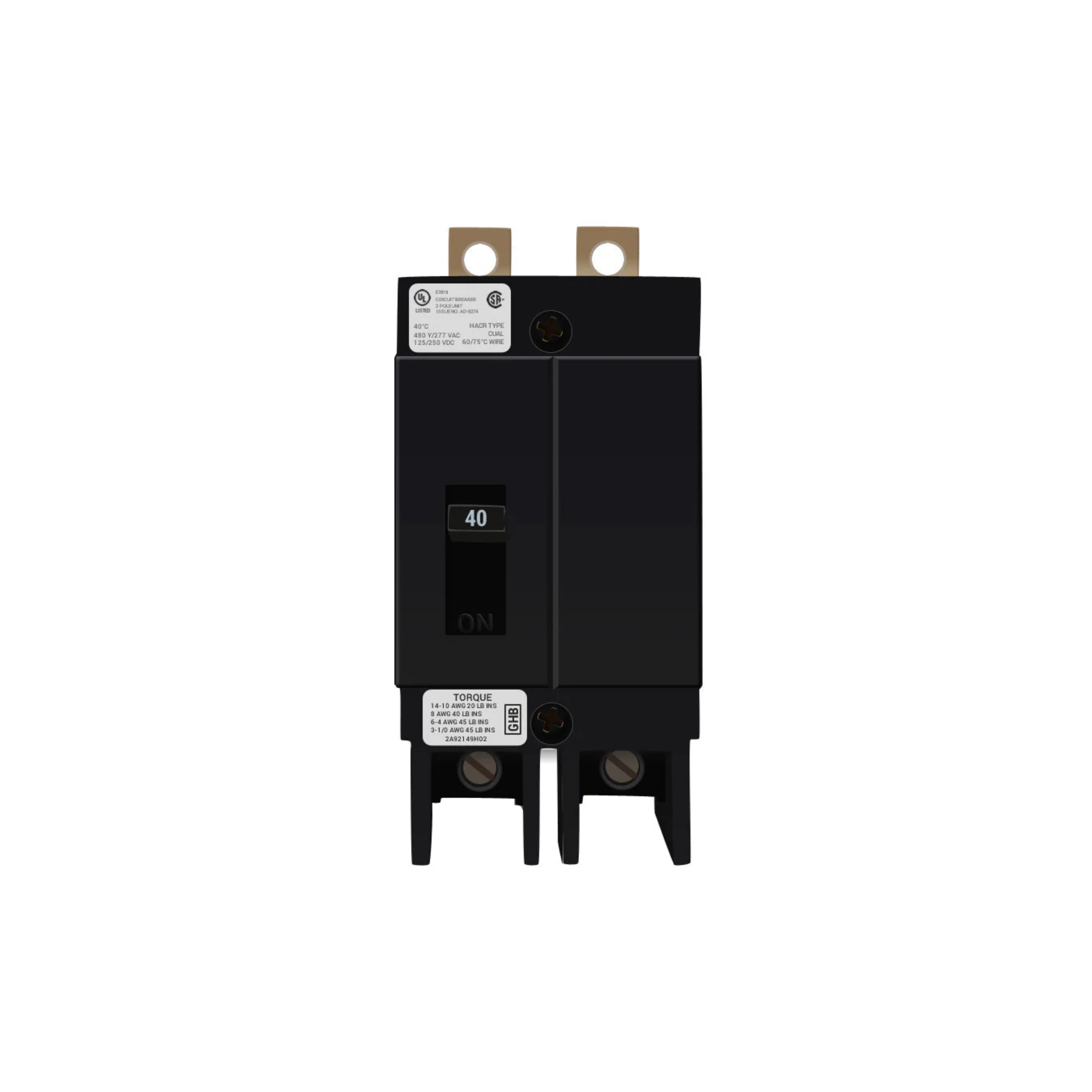 Breaker tipo GHB, Atornillable, 40A, 2P, 65KAIC  208V, 14KAIC  480V .