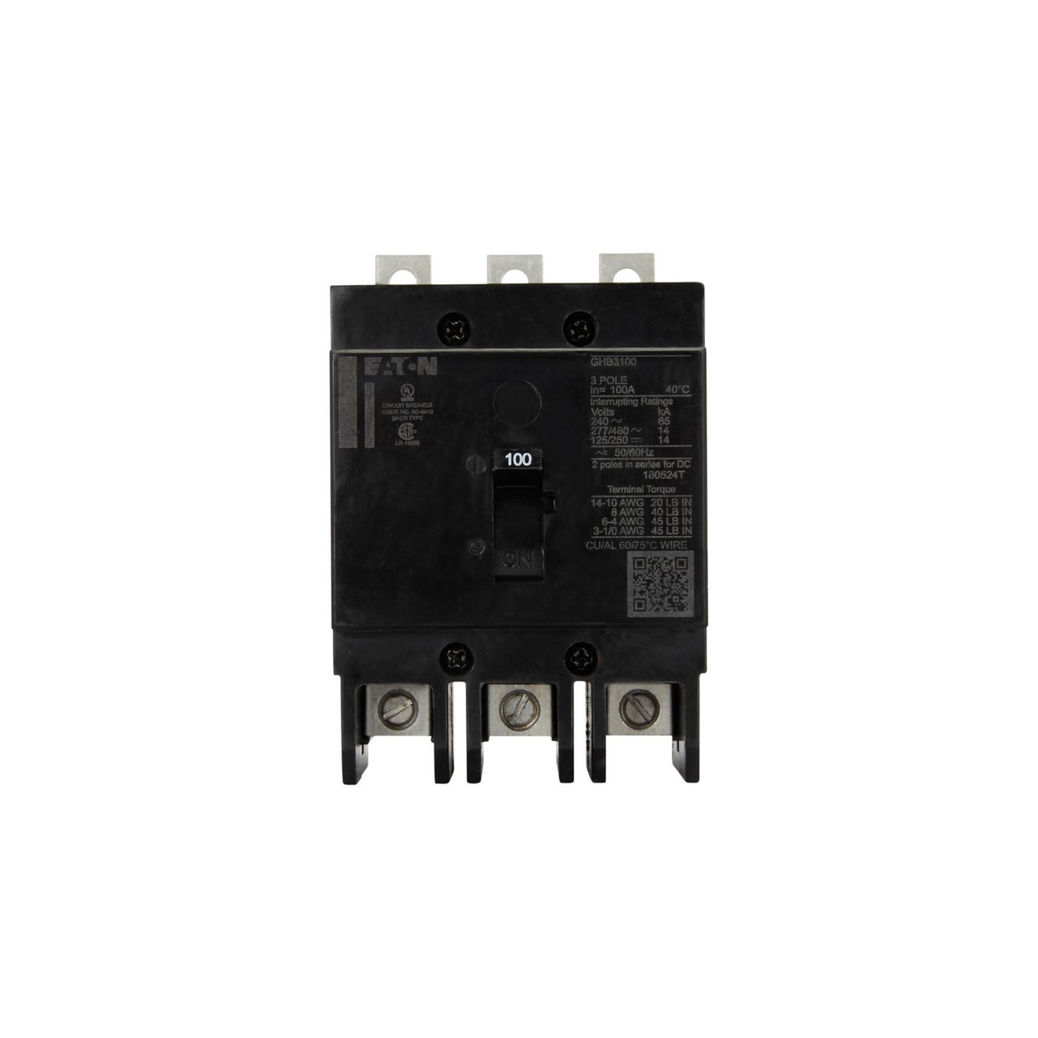 Breaker tipo GHB, Atornillable, 100A, 3P, 65KAIC  208V, 14KAIC  480V .