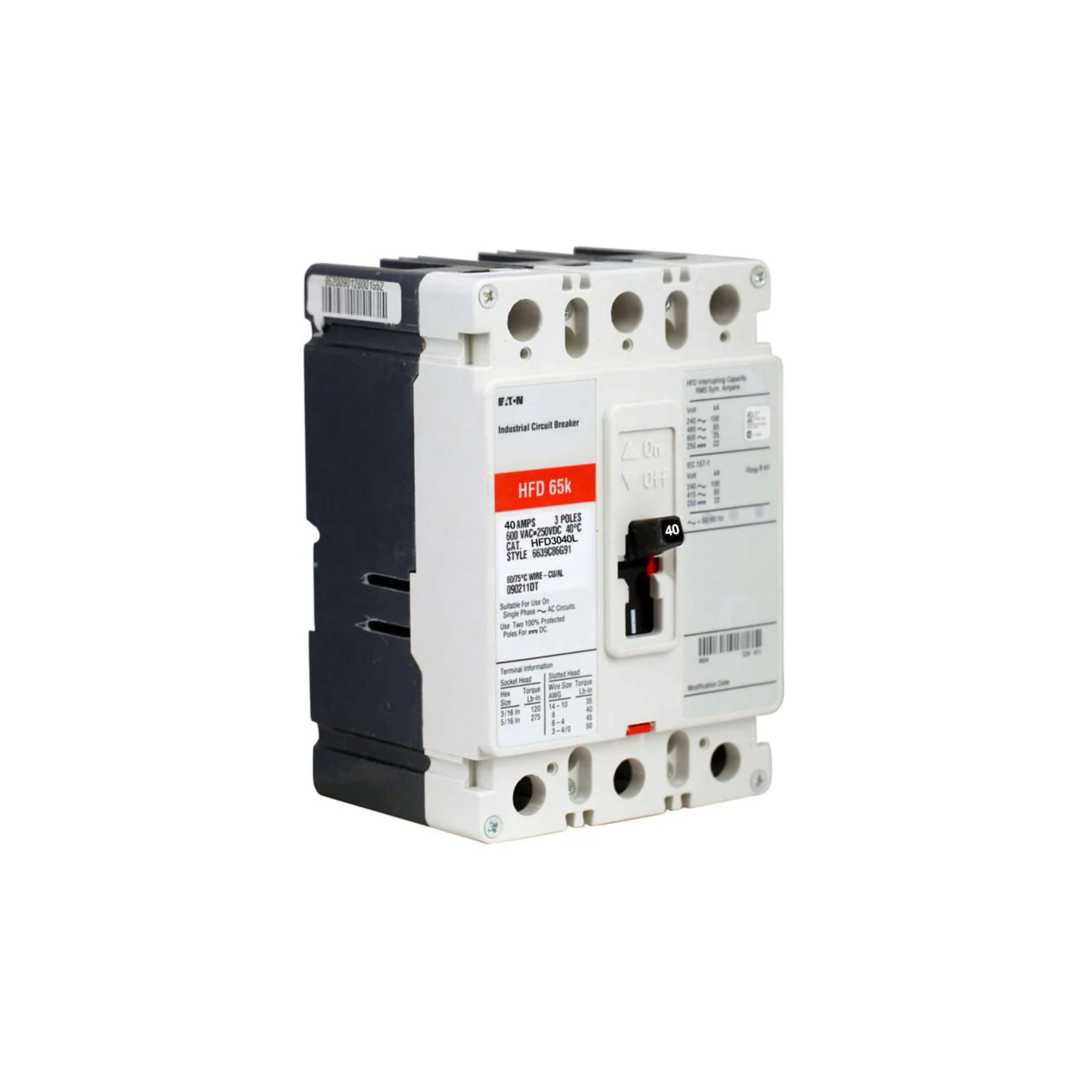 Breaker tipo HFD, Atornillable, 40A, 3P, 100KAIC  208V, 65KAIC  480V, 25KAIC  600V.