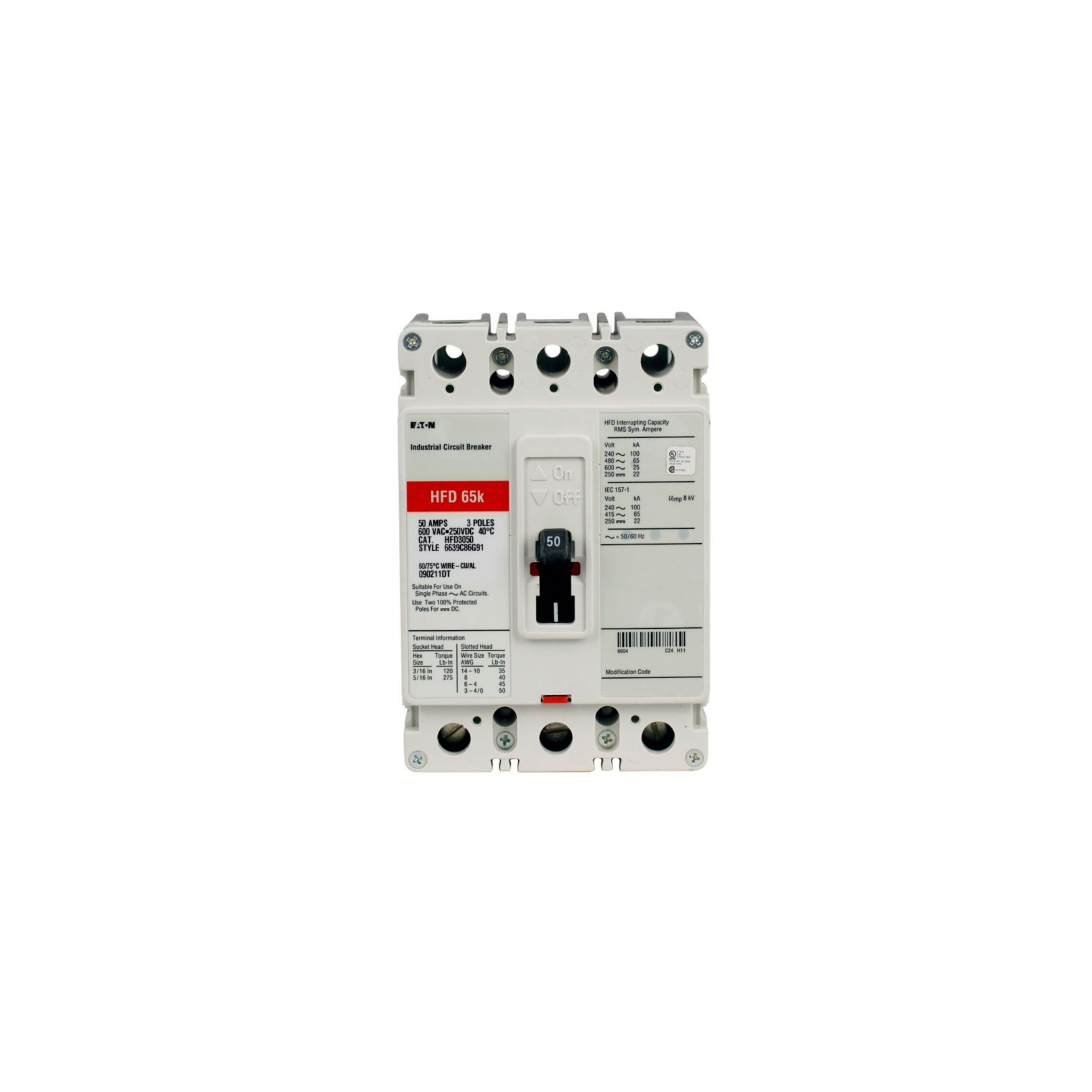 Breaker tipo HFD, Atornillable, 100A, 3P, 100KAIC  208V, 65KAIC  480V, 25KAIC  600V.
