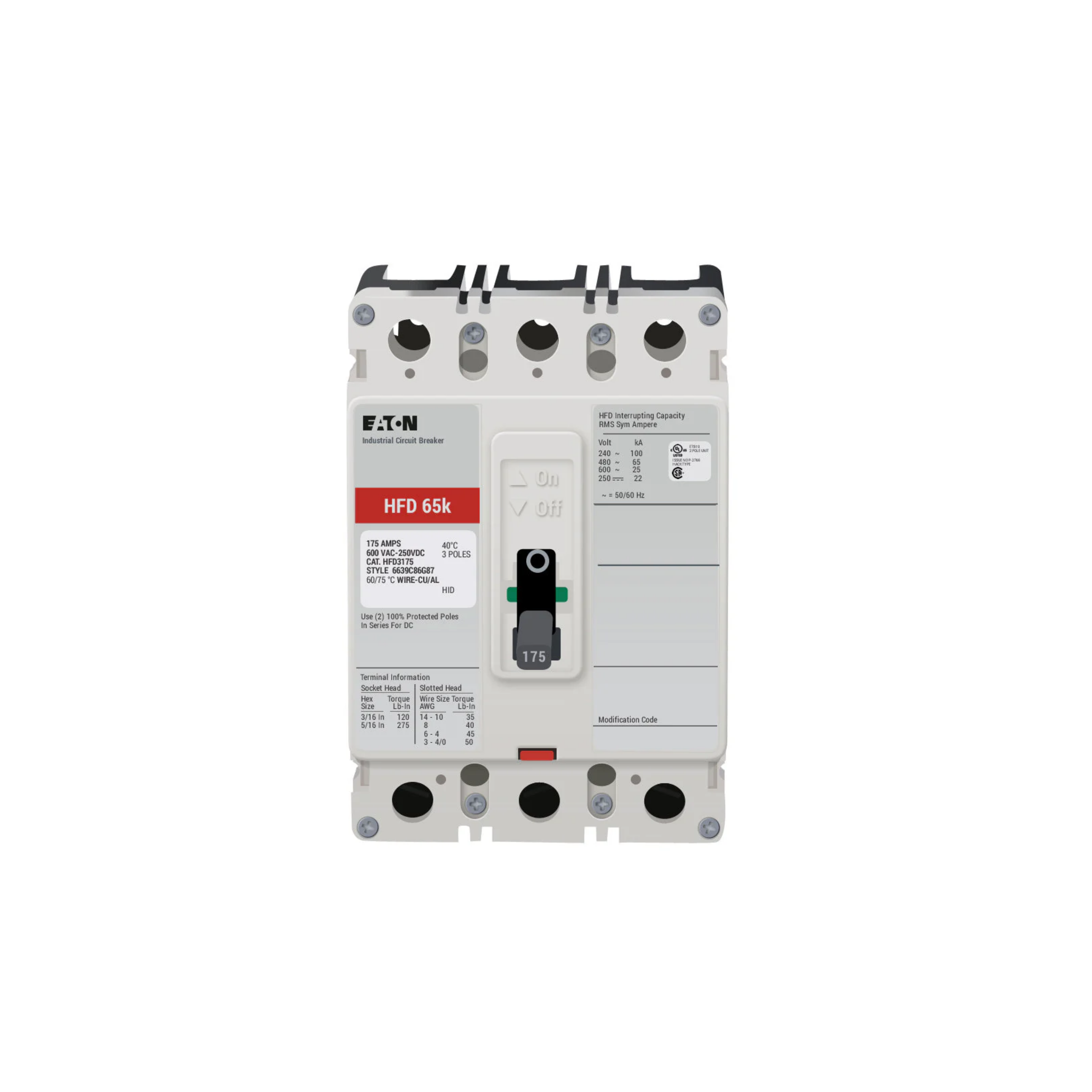 Breaker tipo HFD, Atornillable,175A, 3P, 100KAIC  208V, 65KAIC  480V, 25KAIC  600V .
