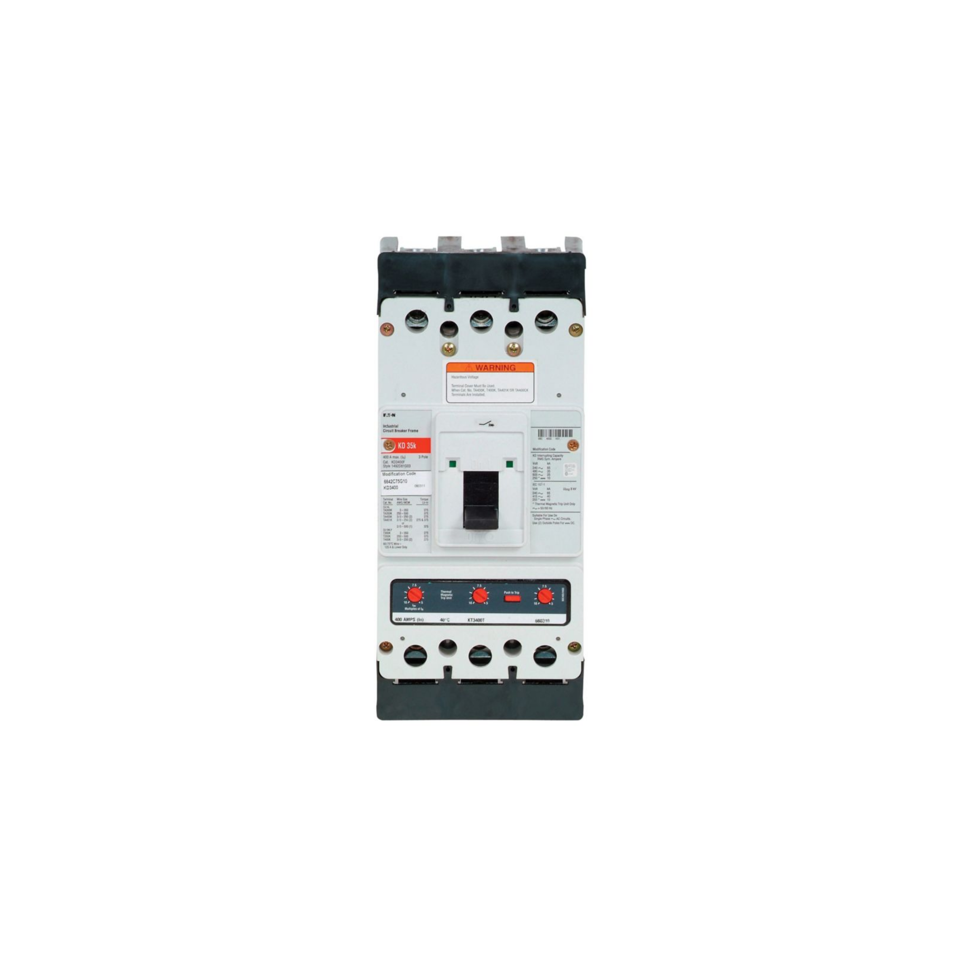 Breaker tipo KD, Atornillable,400A, 3P, 65KAIC  208V, 35KAIC  480V, 25KAIC,  600V.