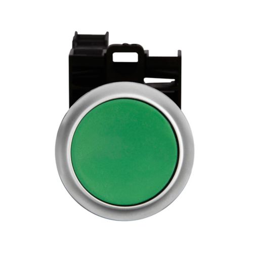 BOTÓN PULSADOR COMPLETO MOMENTANEO, CONTACTOS 2 N.C, COLOR VERDE, ARO PLATEADO